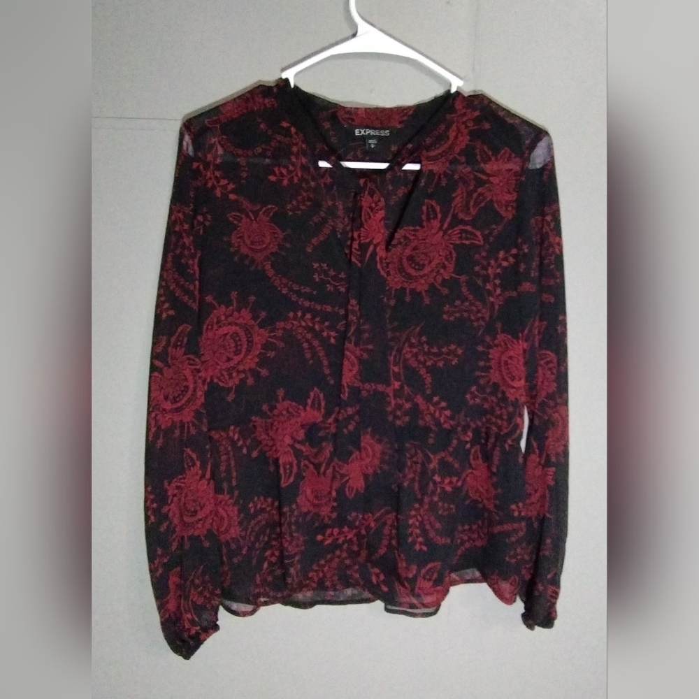 Express Black and Red Long Sleeve Blouse with Mandarin Collar